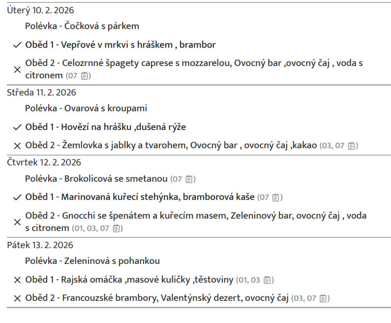 Jídelníček od 10.02 do 13.02. 2026