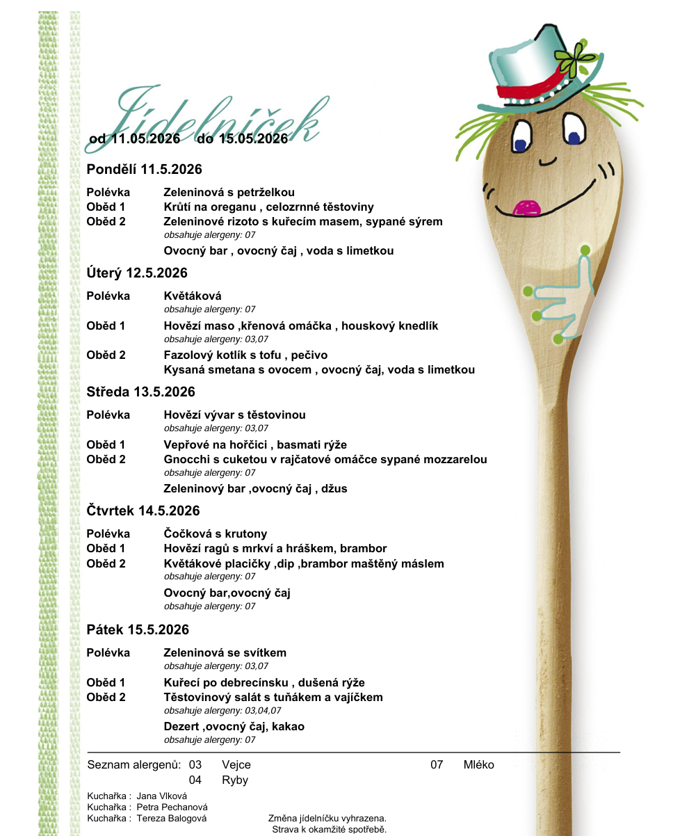 Jídelníček od  11.05.2026 - 22.05.2026