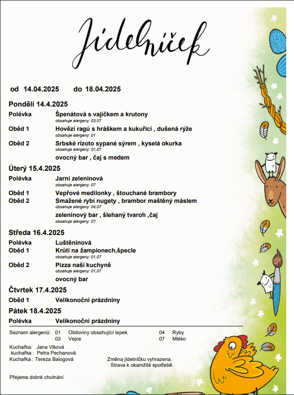 Jídelníček od  14.04 do 18.04.2025
