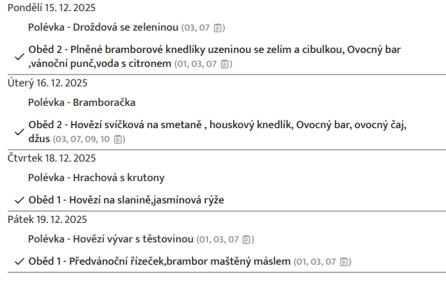 Jídelníček od 15.12 až 19.12