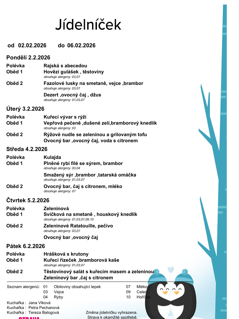 Jídelníček od 2.02 do 6.02. 2026