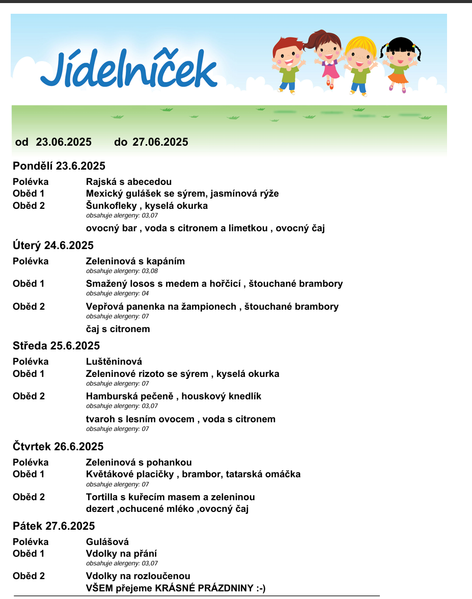 Jídelníček od  23.06.2025 do 27.06.2025