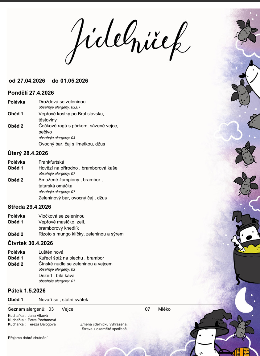 Jídelníček od 7.04. - 17.04.2026