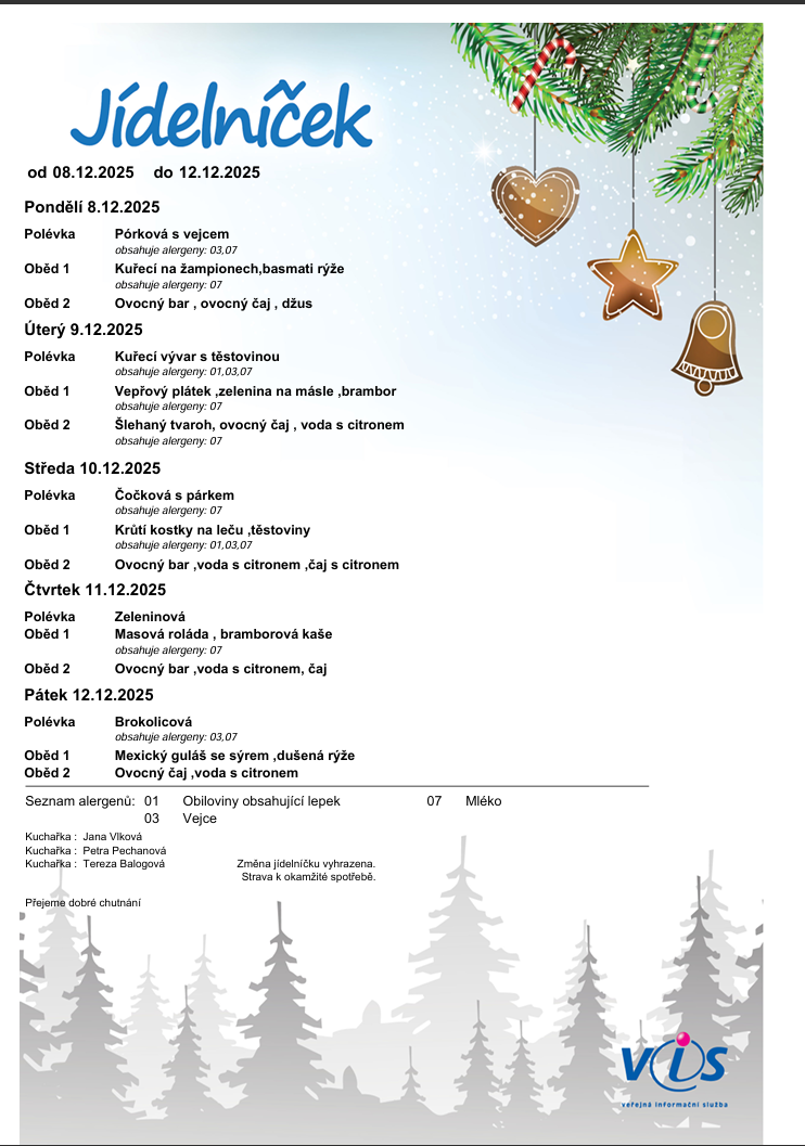 Jídelníček od 8.12 až 12.12